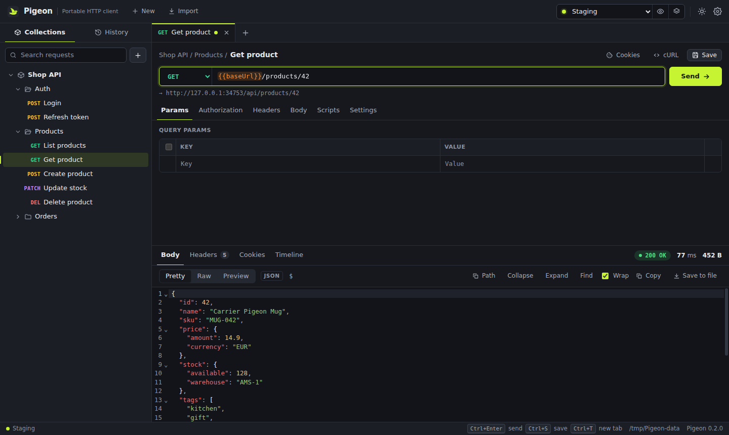 Pigeon window: a Shop API collection in the sidebar, a GET request using an environment variable, and a pretty-printed JSON response with status 200 OK